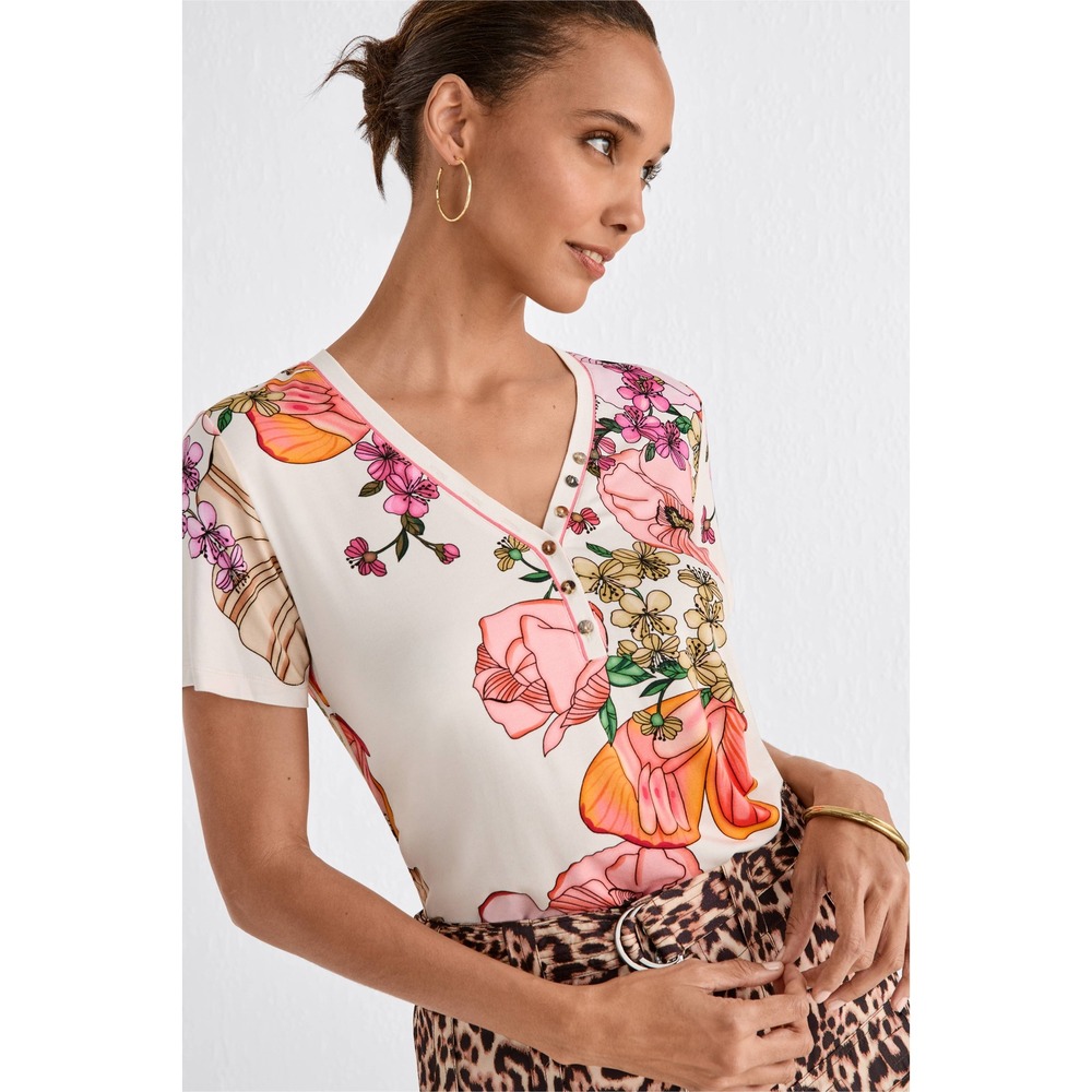 Johnny Was Floral Henley Top Womens Medium White Pink Short Sleeve V-Neck Tee
